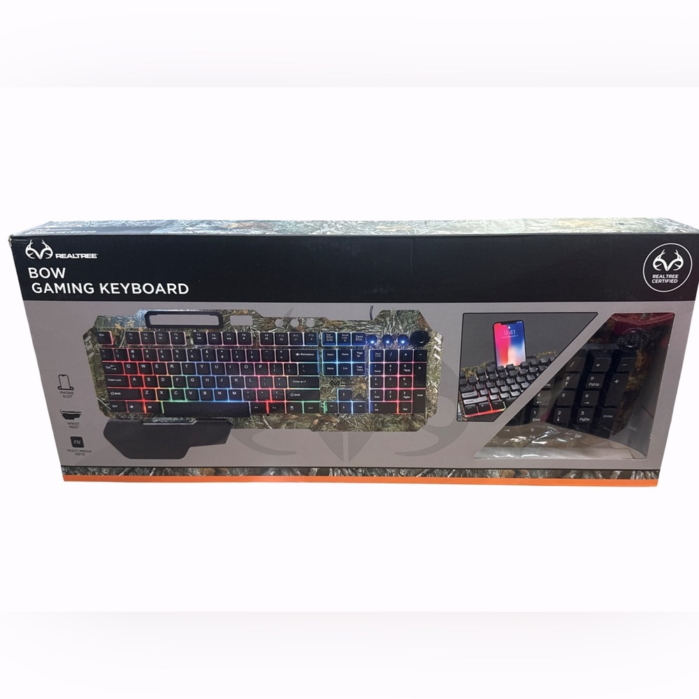 RealTree Bow Gaming Keyboard
Wrist Rest, Phone Slot, RGB Backlight
NEW IN BOX